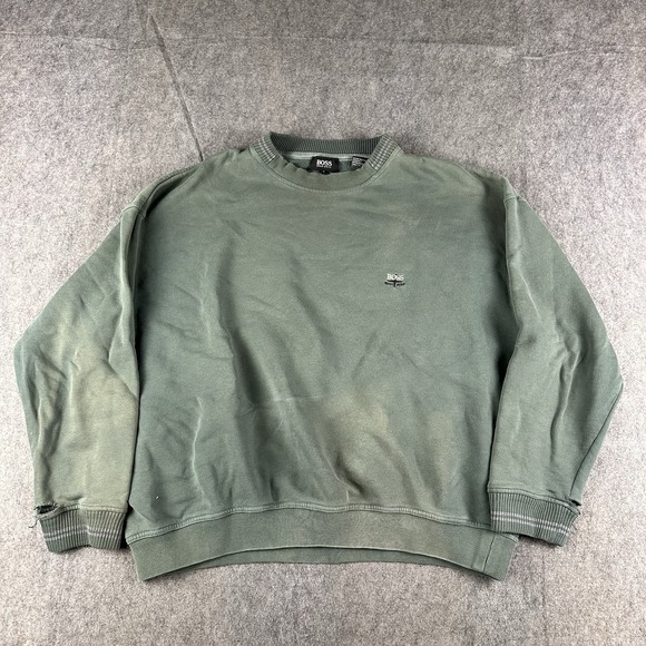 Vintage Hugo Boss Men's Crewneck Sweatshirt Gray Large Distressed Faded Thrashed - Picture 1 of 7